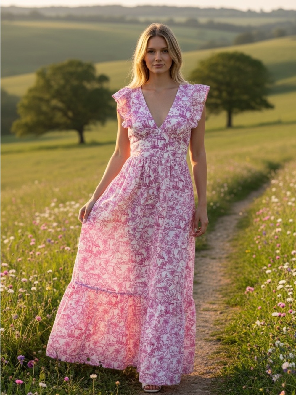 Andree Pink Floral V-Neck Ruffle Maxi Dress